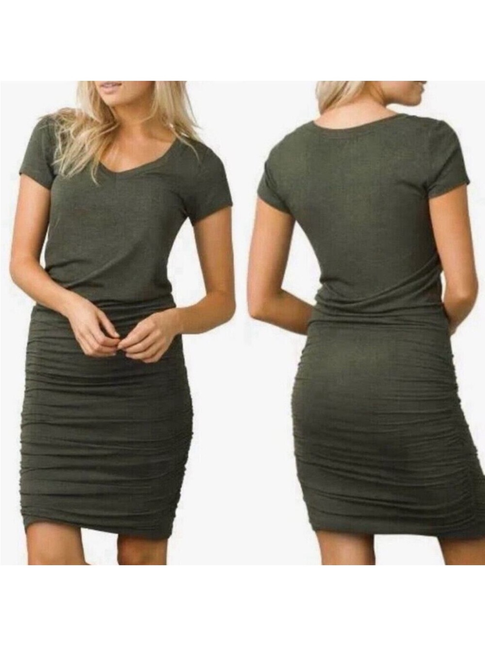 prAna Foundation Ruched V-Neck Dress S Olive Green Earthy Casual Bodycon Midi